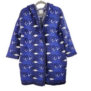 Koko wool hooded sweater coat blue geometric womens Size XL Western Boho Artsy